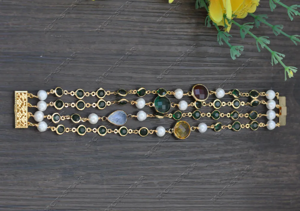 Z13089 4Row Set Green CZ White Round Pearl Multicolor Crystal Necklace Bracelet Earring view 5