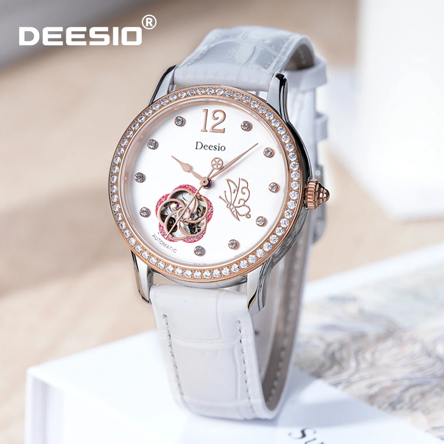 Deesio Luxury Women's Mechanical Watch Skeleton Dial Water Resistance Stainless Steel Case Leather Strap Dress Wristwatch Gift