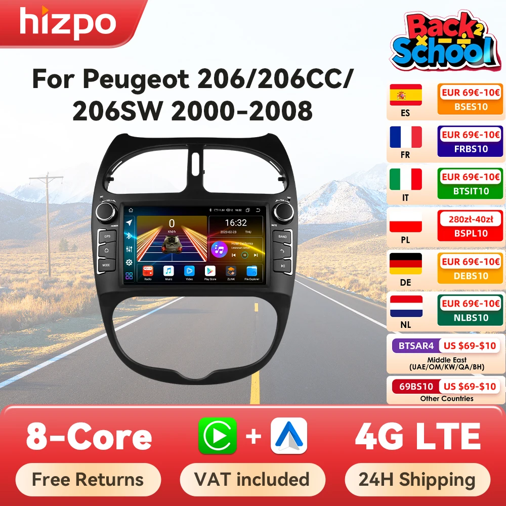 Hizpo 7 Radio per auto Android per Peugeot 206 206CC 206SW 2000-2008 Lettore multimediale Carplay 2Din Stereo Autoradio Navigazione GPS