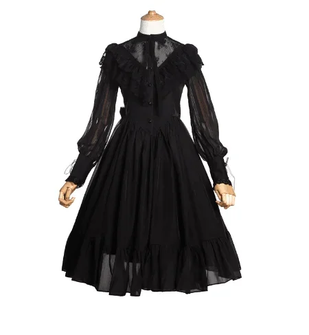 New Arrival Women Gothic Vintage Lace Ruffle Lolita Long Sleeve Black/White Chiffon Dress Female Retro large pendulum dresses