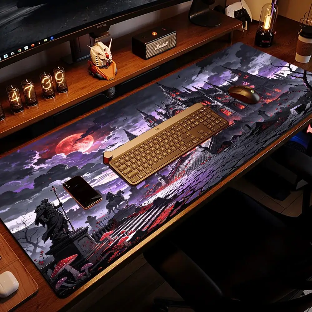 Blood Moon Ruined Castle Table Mat Large Size Precision Tracking Smooth Cloth Surface For Dark Fantasy Decor
