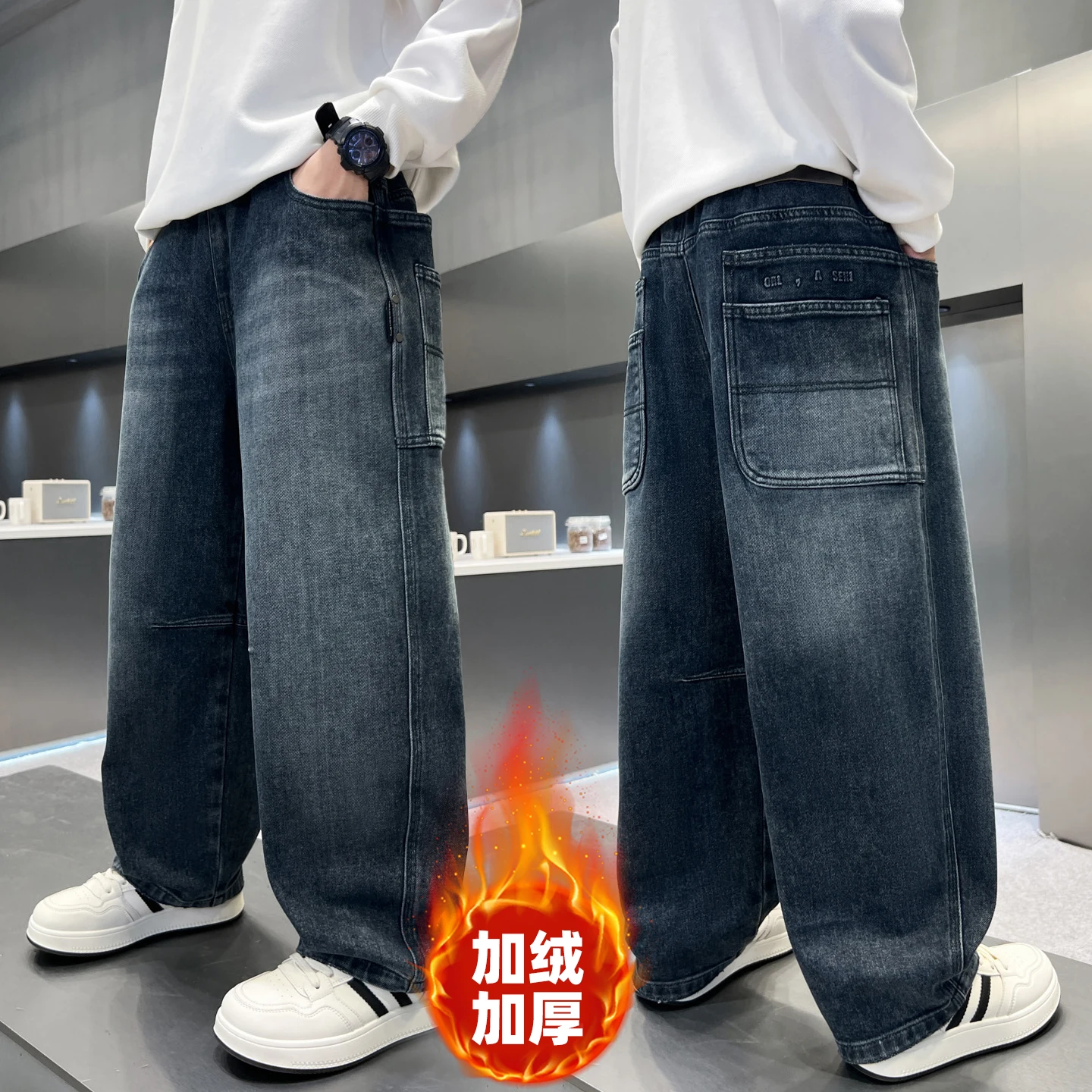 

Kids Baggy Jeans For Elegant Child Straight Fit Jeans Trousers Teenage Boys Casual Fleece Style Cartoon Denim Pants Ages 4-14Y