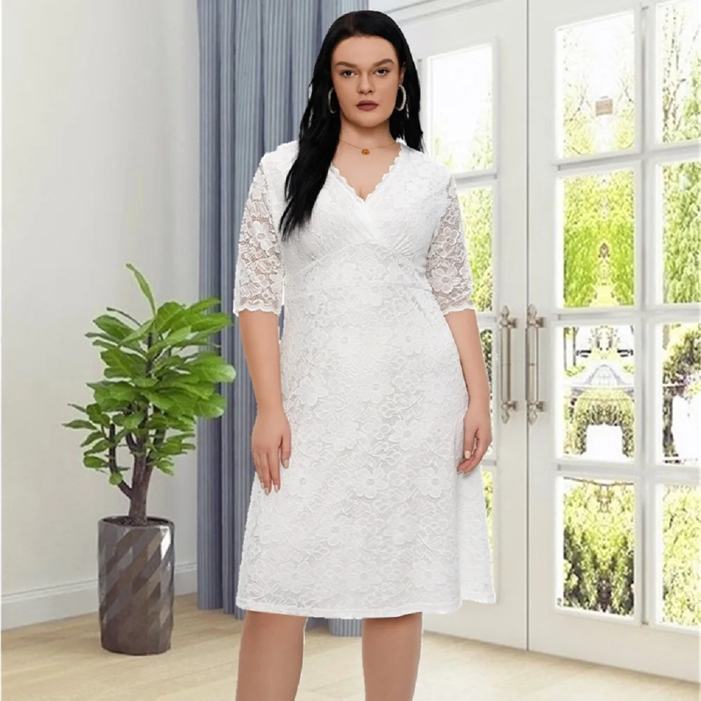 Plus Size elegancka sukienka damska Plus kwiecista żakardowa kwiecista wykończenie pół rękawa Slim Fit impreza ślubna formalna sukienka