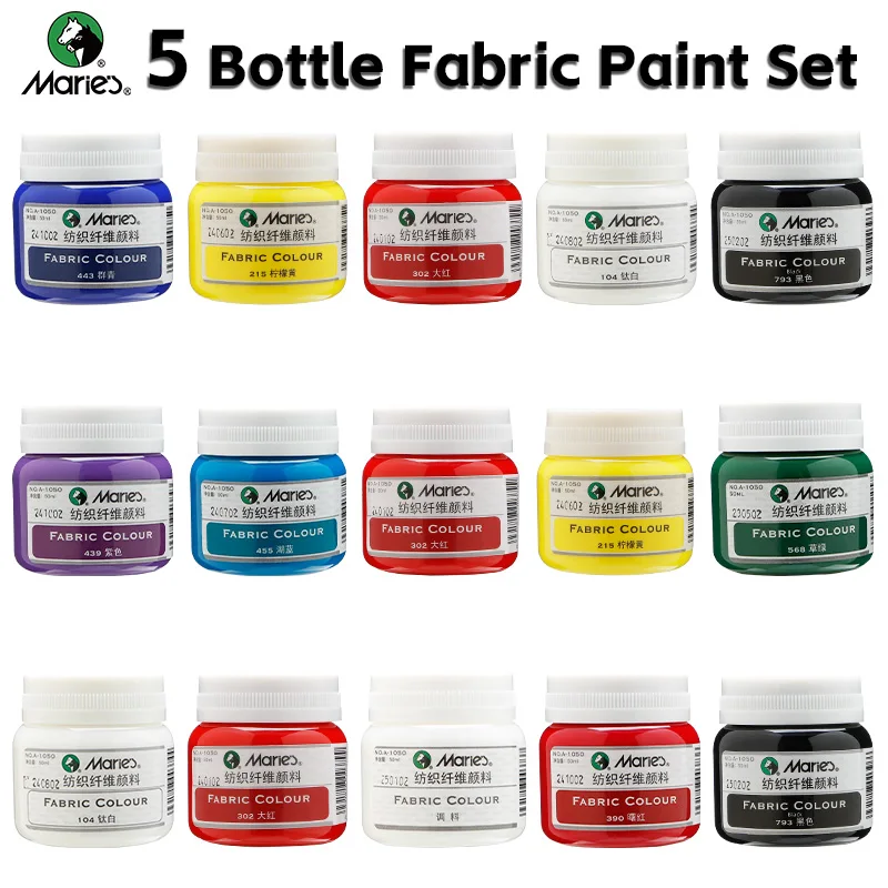 5 Bottles Marie's Fabric Paint Set 50ml/1.69oz,Bright Colors,Quick-Drying,Suitable for Clothes,Canvas Bag,Great for Adults