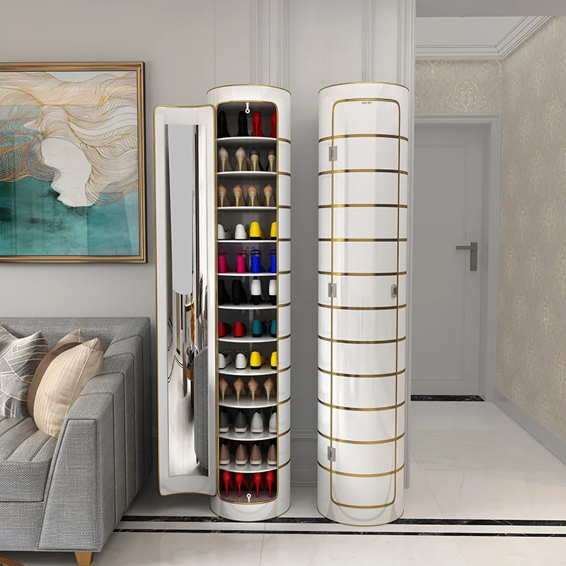 Living Room Rotatable Shoe Cabinet Hot Selling PVC Shoe Rack With Mirror and Deodorization Function