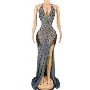 Urodzinowy strój na imprezę bal dla kobiet czarne cyrkonie długi pociąg suknie z odkrytymi plecami wieczór świętują bandaż kostium Babagan