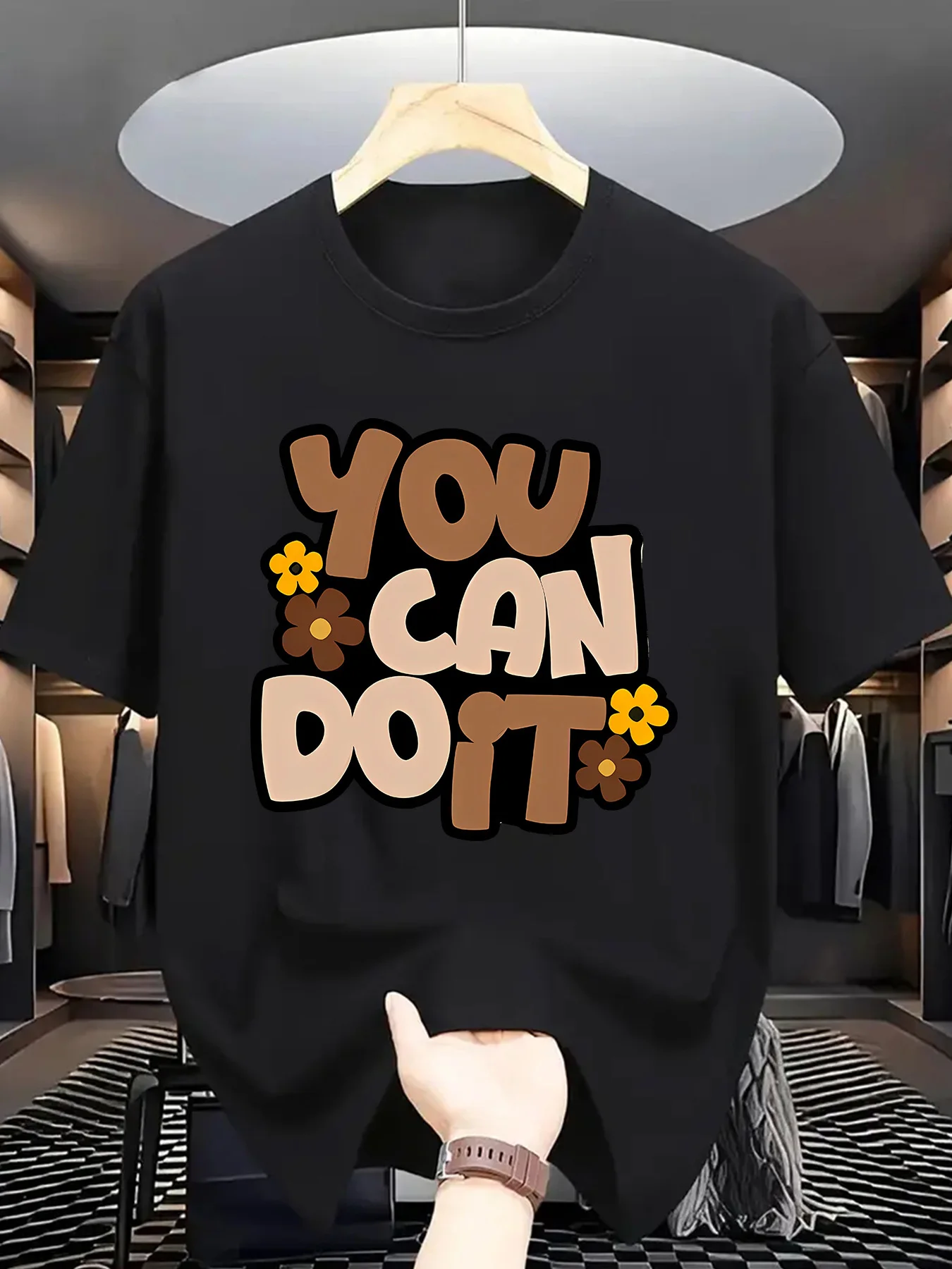 You Can Do It Mens Crew Neck T Shirt Retro Bubble Letter Small Floral Motivational Text Graphic Short Sleeve Casual Street Tops