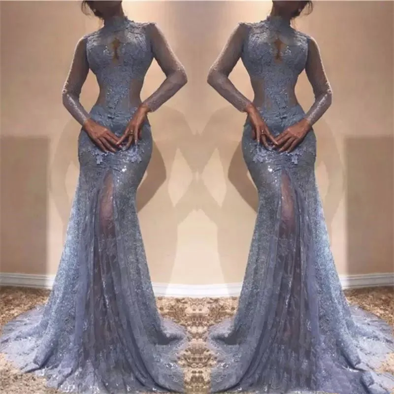 

Gray Evening Dresses Mermaid Long Sleeves Tulle Appliques Long Turkey Dubai Saudi Arabic Evening Gown Prom Dresses