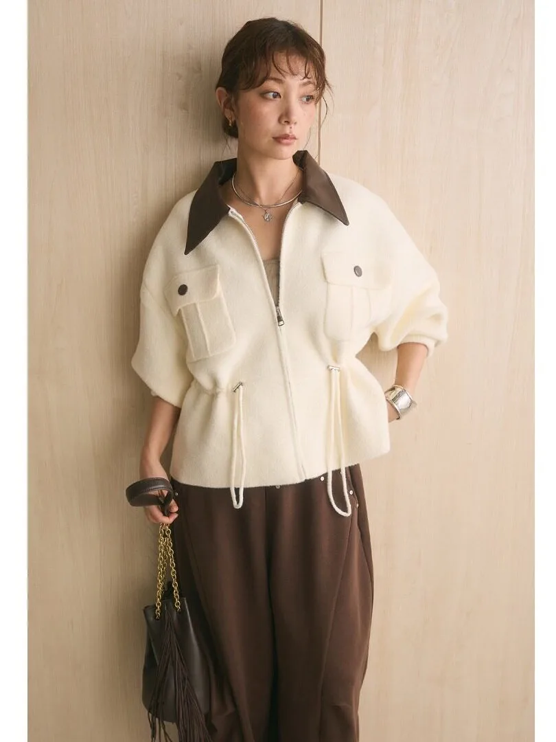 Khaki  Collar Knitted Open Cardigan Sweater Women's Autumn Winter New Drawstring Waist Cinching Outerwear Top