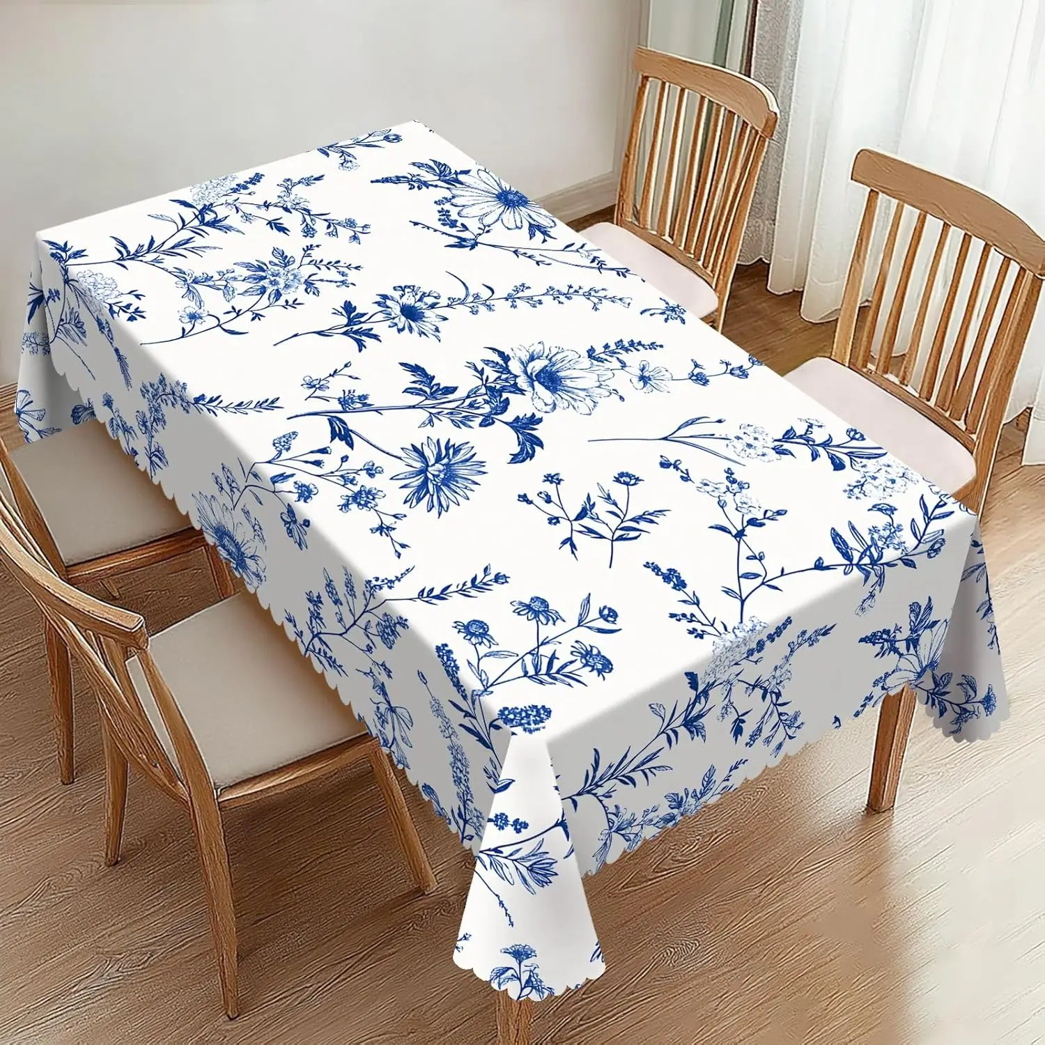 Vibrant Blue Flower Tablecloth Daisy Wildflower Botanical Print Washable Fabric Table Cover for Kitchen Dining Party