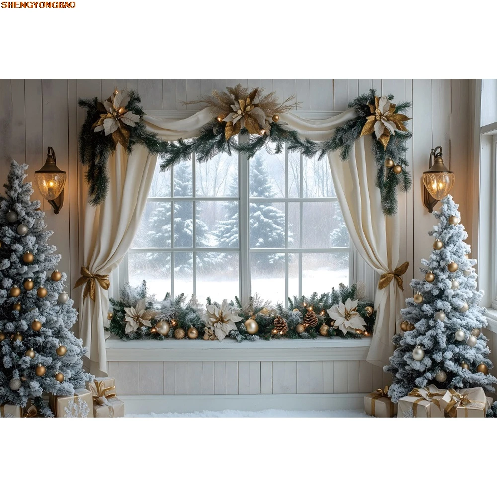 Winter Christmas Photography Background White Window Xmas Tree Gifts Wreath Kids Family Portrait Photocall Background Decor Prop