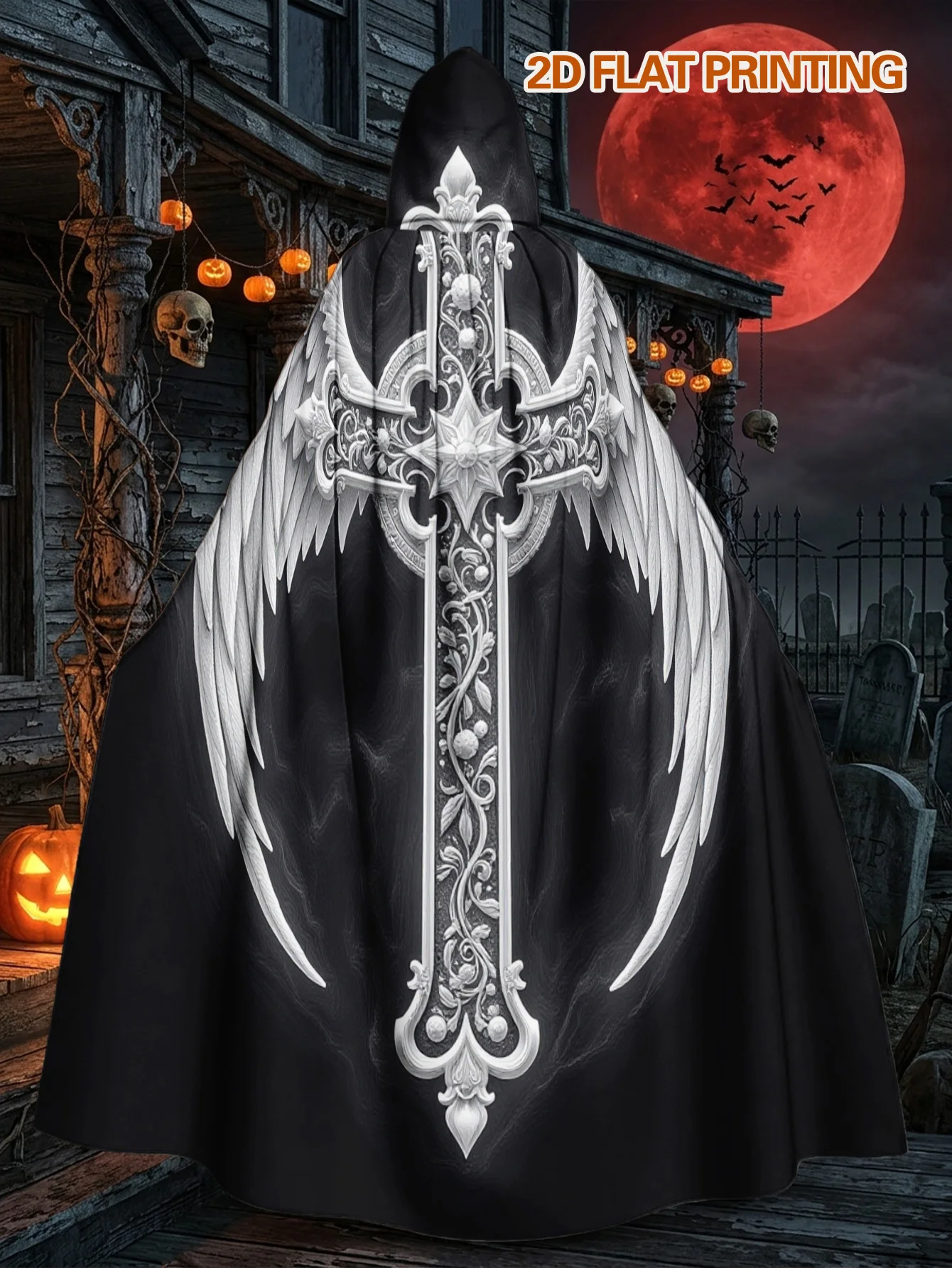 Angel Wings Print Hooded Cloak Unisex Halloween Christmas Cosplay Costume for Masquerade Parties