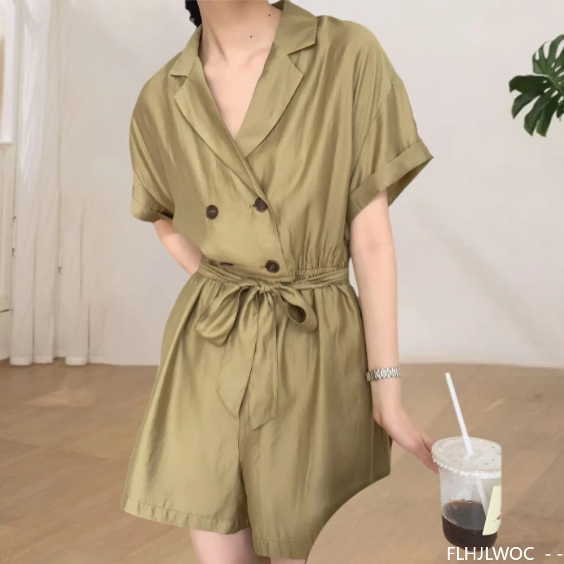 Lace-Up Casual Wide-Leg Blazer-Collar Jumpsuit Fashion Y2K Design Women Retro Vintage Romper Playsuits Cute Chic Korea Clothes