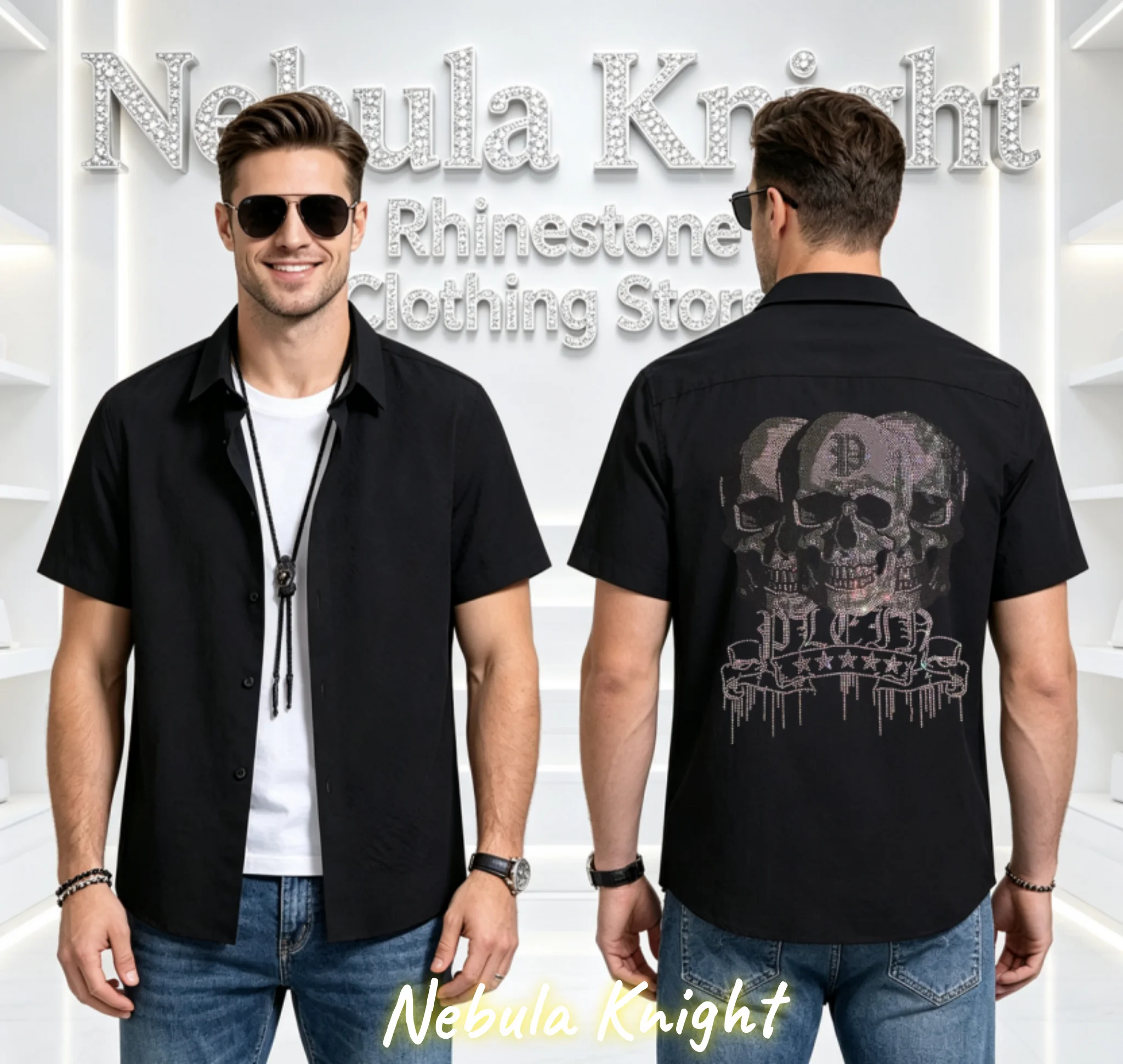 Men's Rhinestone Short Sleeve Shirt European Summer Casual Top Luxury Sparkling Hot-fix Drill Male Fashion