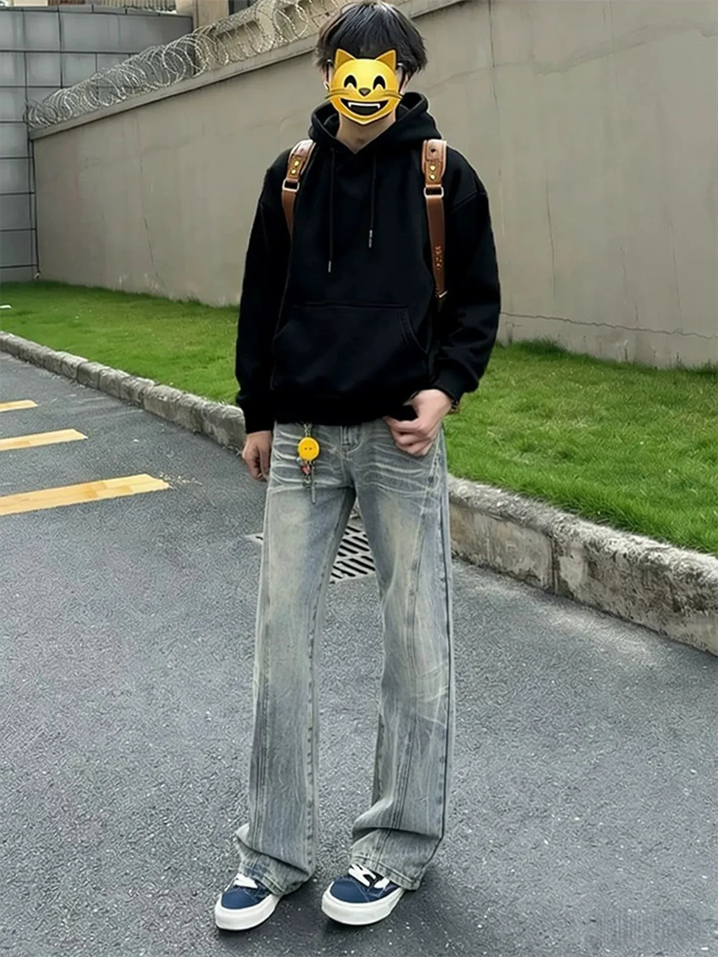 

Retro American Lightning Pattern Diagonal Cut Jeans Men's Spring Vibe Flared Pants Extended High Waist Straight Leg Knife