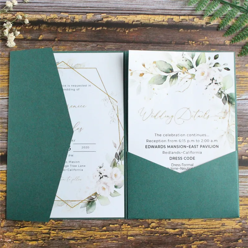 Olive Green Wedding Invitation Pocket Envelop, Fit for 5x7 Invitations, Customized Printing Available, 50 Sets