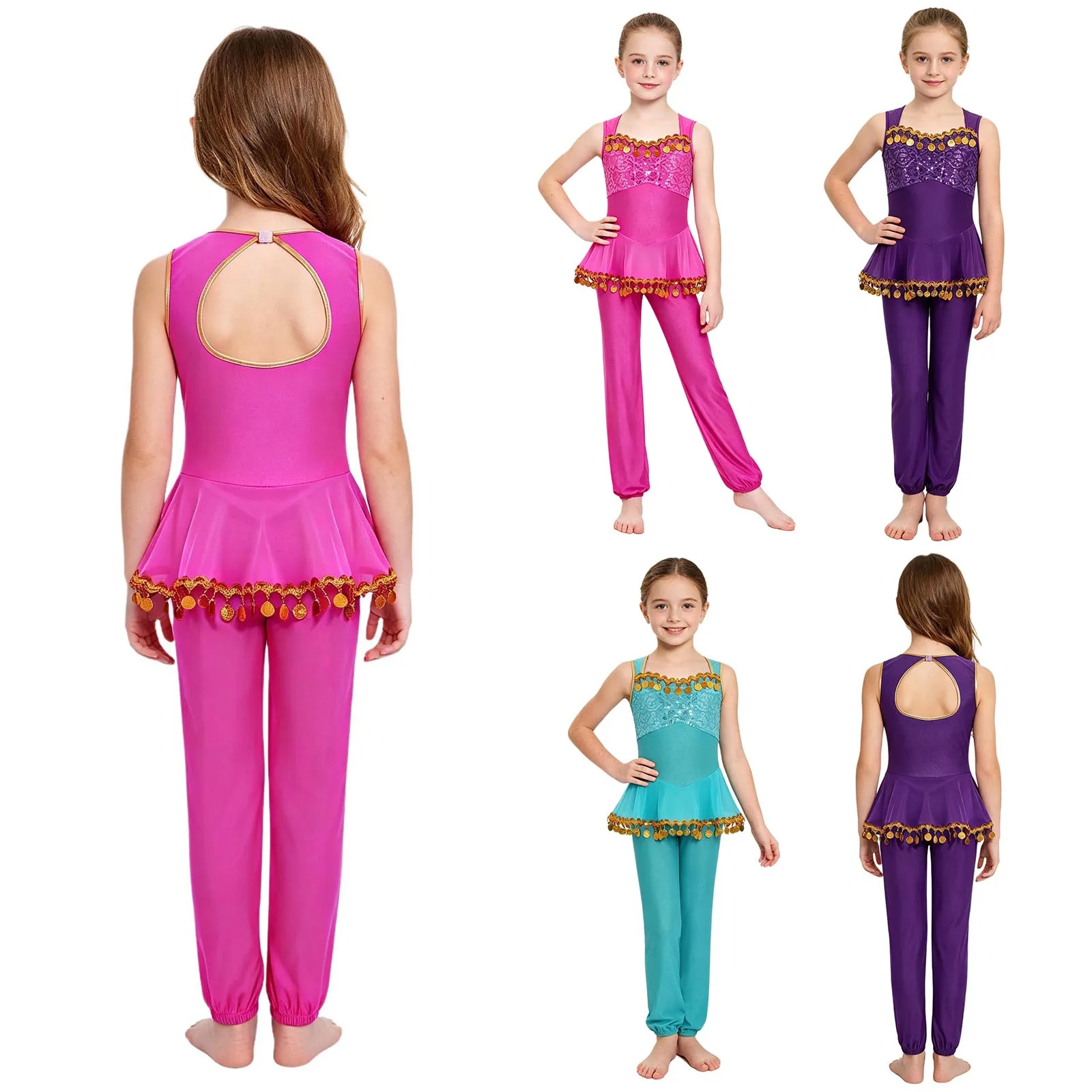 Kids Girls Arabian Princess Costume Shiny Sequin Gold Trim Tassel Mesh Peplum Jumpsuit Sleeveless Cutout Performance Bodysuit 2