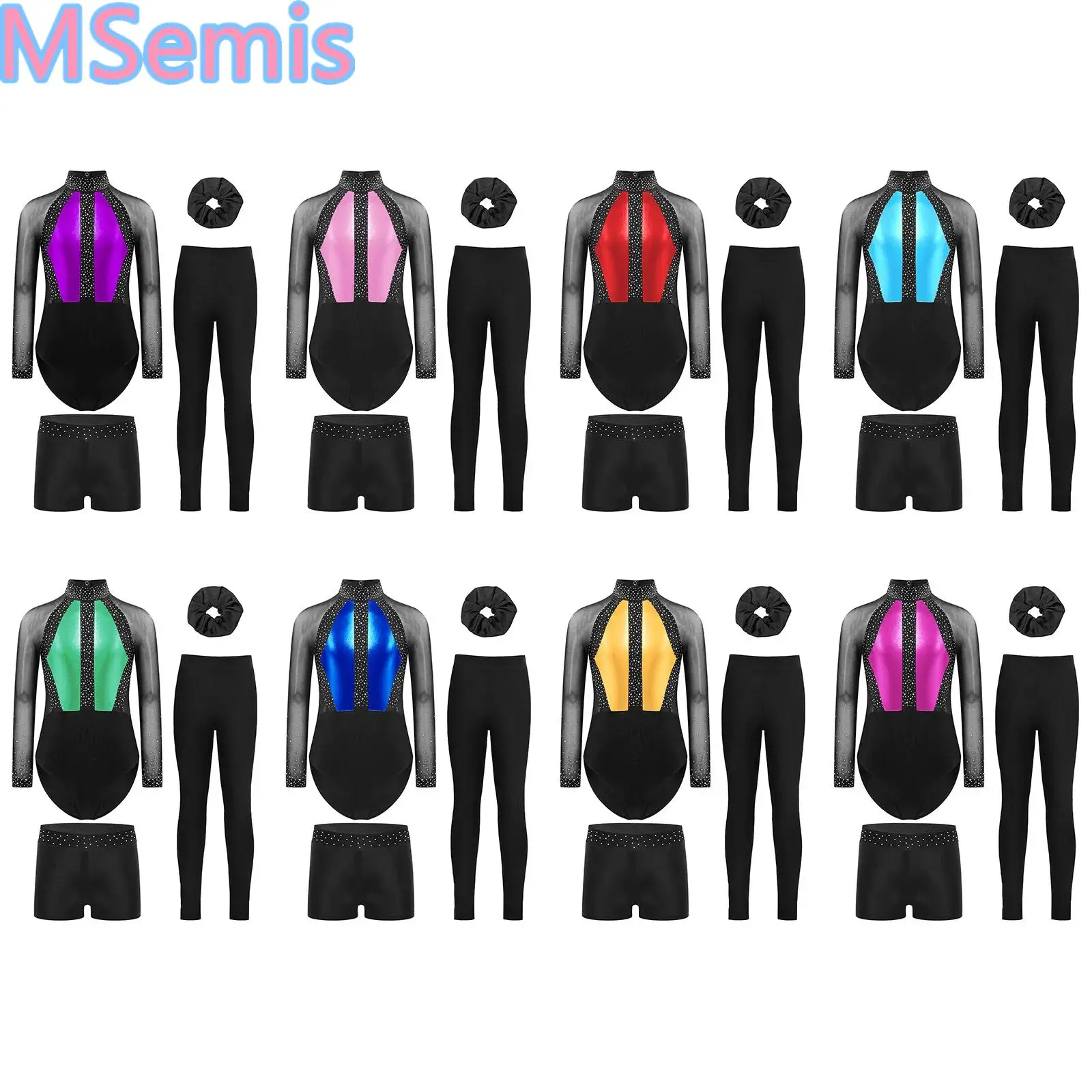 Kids Girls Gymnastics Dance Figure Skating Outfit Patchwork Sheer Mesh Rhinestones Leotard with Leggings Shorts And Headwear