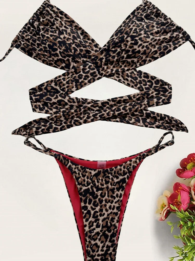 Sexy leopardo amarrado até bikini 2 peça conjunto feminino split maiô cintura alta estilo praia biquíni 2025 novo verão banho biquinis conjunto
