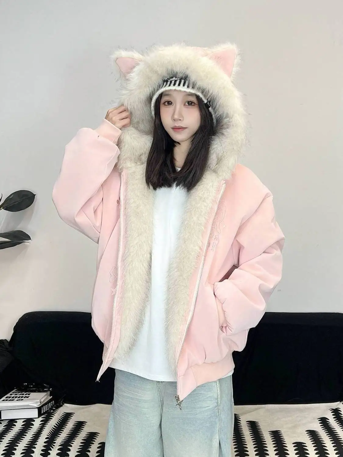 

Thiened Sweet Warm Plu American Sle Windproof Cotton Autumn Winter Pu Leather Men Women Thiened Loose Outerwear