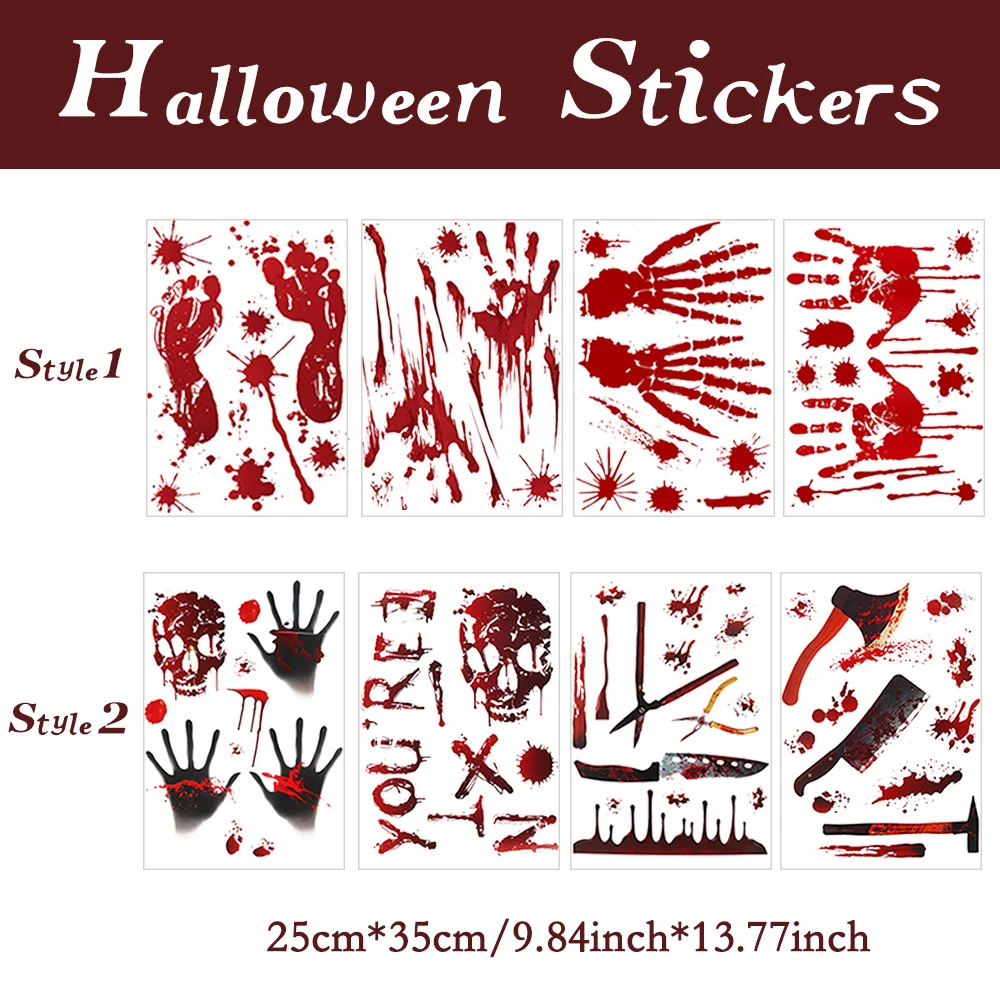 4pcs Halloween Bloody Handprint Sticker Bathroom Footprints Bloodstains Skull Ax Wall Window Clings Halloween Party Horror Decor