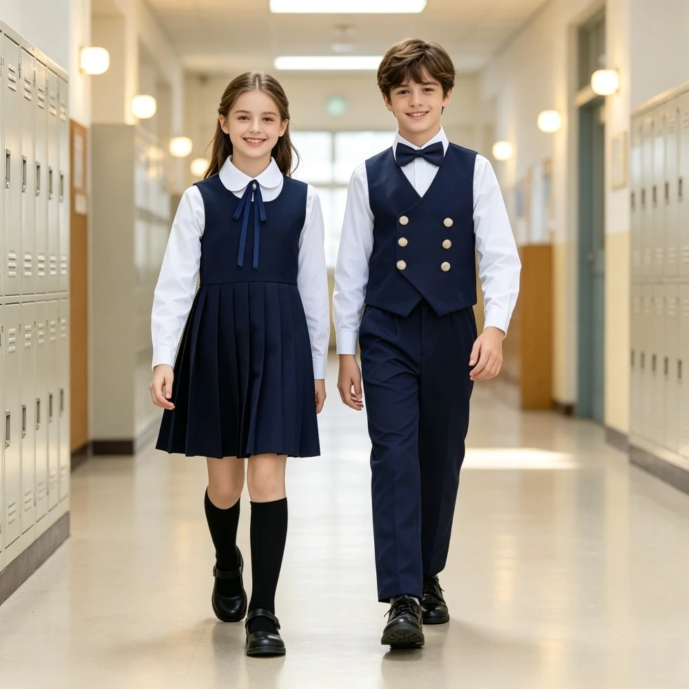 Boys Girls School Uniform Set Sibling Matching Outfit Double-Breasted Waistcoat Elegant Pinafore Dress Kids Formal Event costume