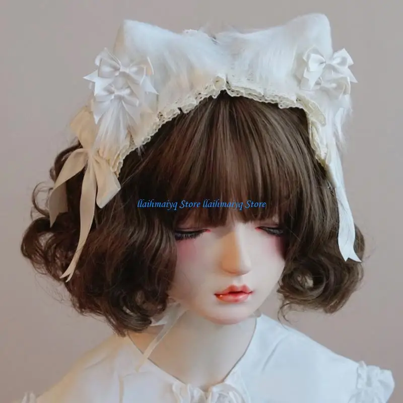 

573B Girls Anime Maid Headband Plush Ears Ribbon-Bow Hairband Cosplay Headdress Women Comic Show Headwear