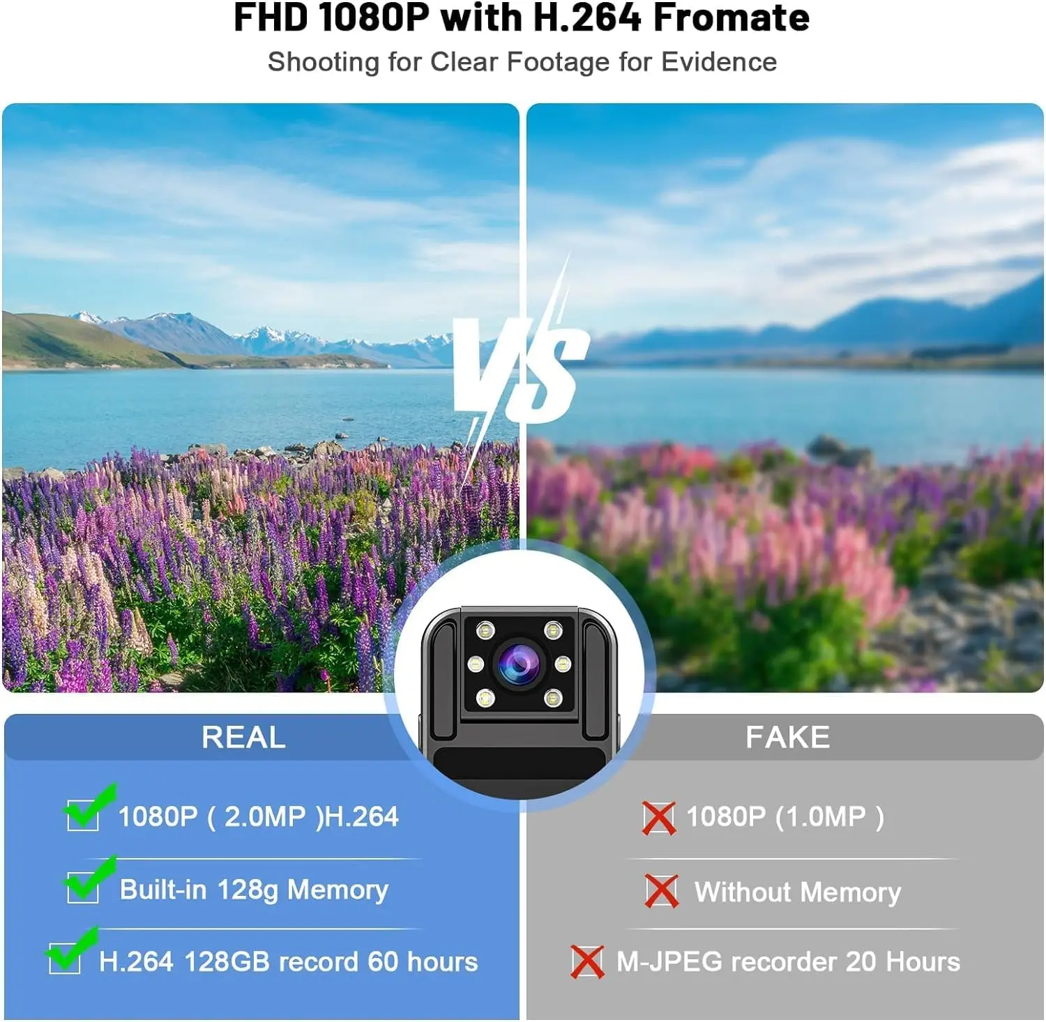 كاميرا يمكن حملها بالجسم سعة 128 جيجابايت مع تسجيل الصوت والفيديو HD 1080P BodyCam بطارية 6HR IR Cut كاميرا فيديو للرؤية الليلية تلقائية يتم ارتداؤها على الجسم