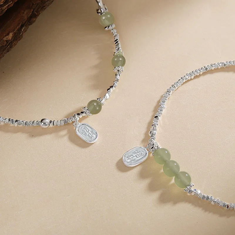 

925 Sterling Silver Anklet Green Jade Triple Beads Good Wish Square For Woman Girl Fashion Jewelry Gift Dropship Wholesale