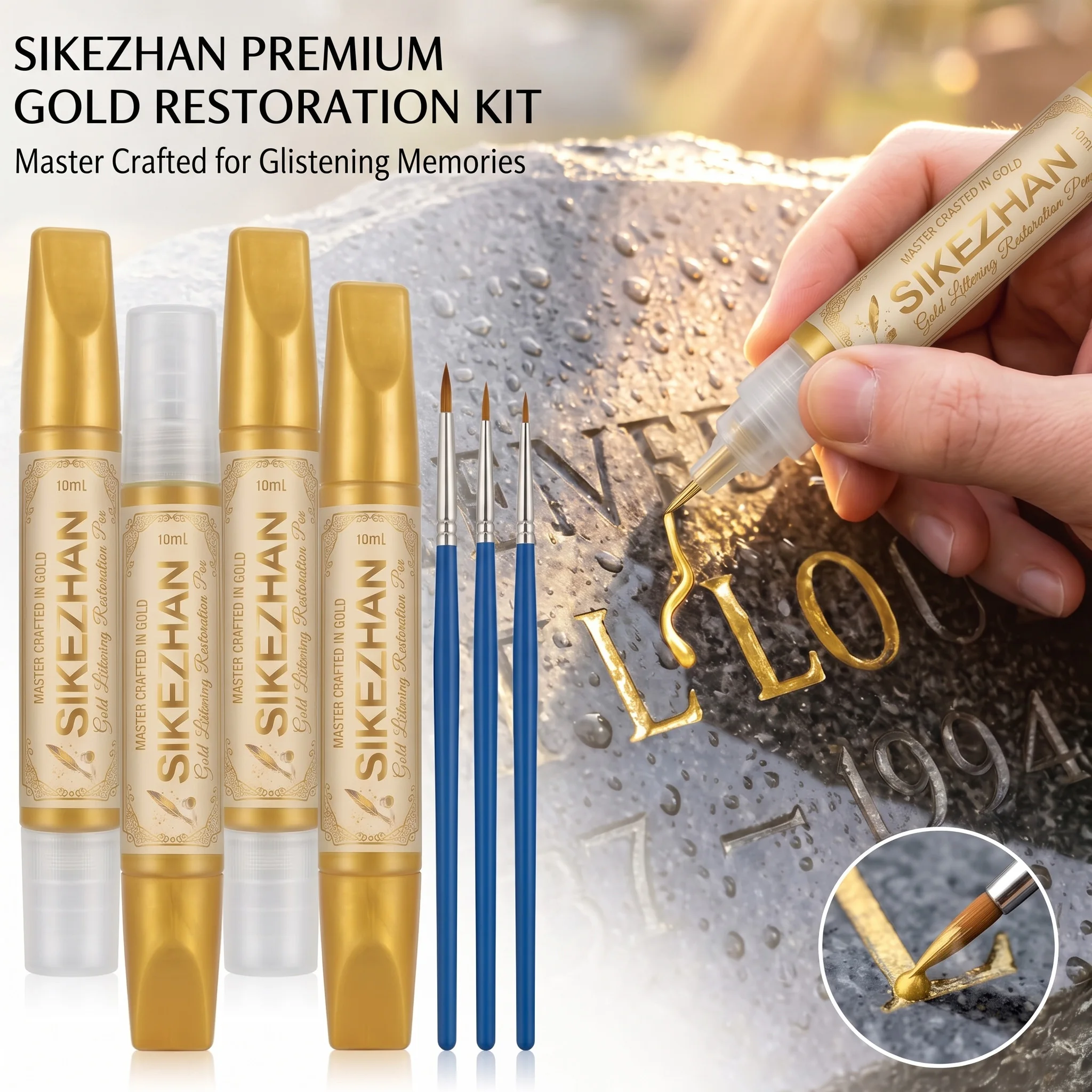 Premium Waterproof Gold Marker & Detailing Brush for Fine Headstone Repair, Gravestone Engraving Restoration, Precise 10ml