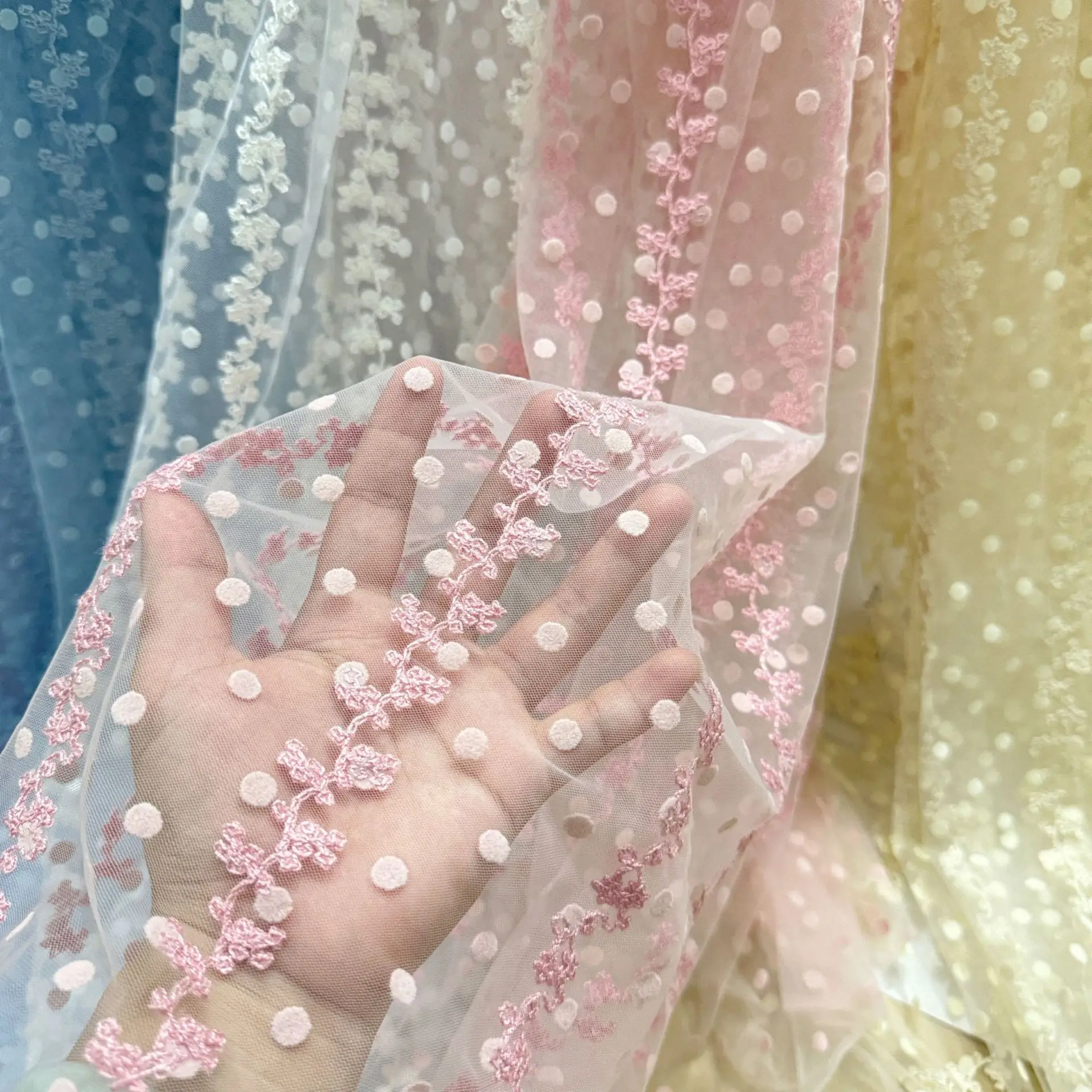 Jacquard Style Small Flower Lolita Head Decorative Mesh Fabric Breathable Flocking Mesh Embroidered Vertical Strip Hook Fabric