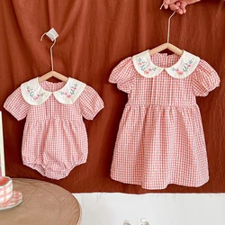 Summer Baby Girl Party Dress Short Sleeve Cotton Lattice  Embroidery Kids Princess Dresses Baby Rompers Sister Clothing