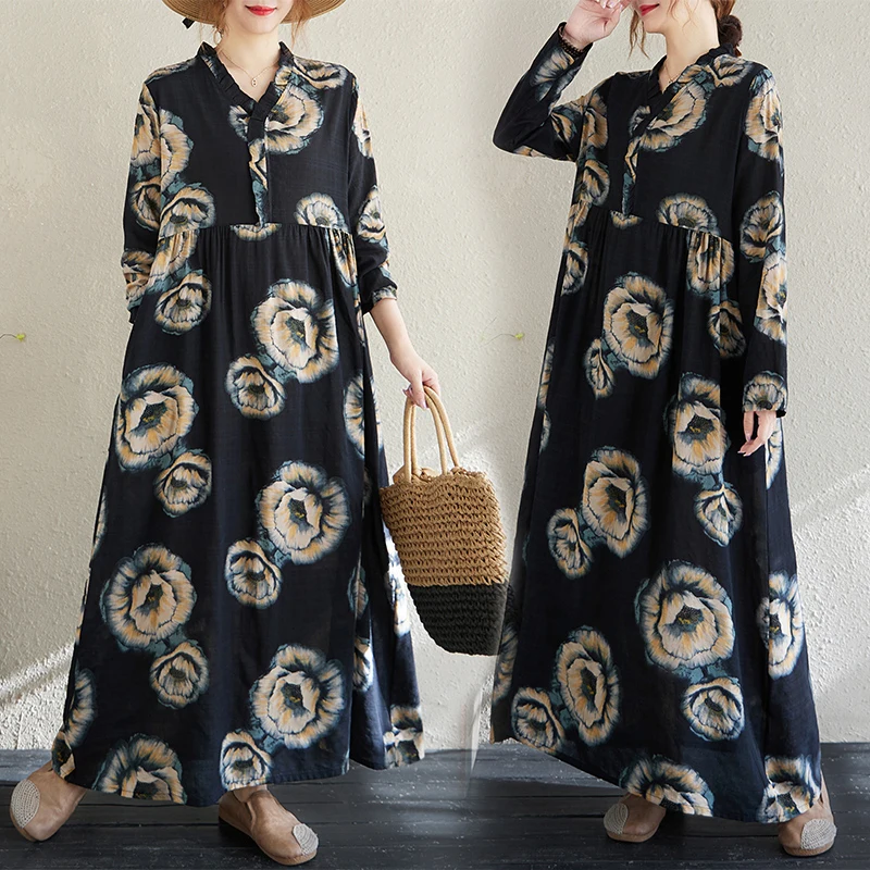 NYFS 2025 ربيع وصيف جديد خمر القطن الكتان فستان طويل فضفاض طباعة كم طويل فستان امرأة رداء Elbise