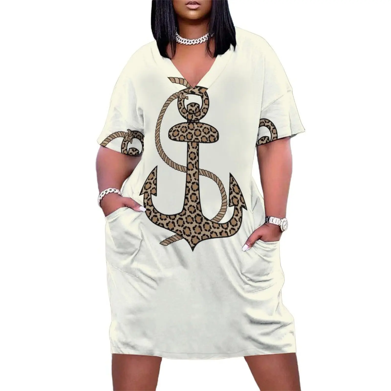 

Leopard Print Anchor Nautical Design Loose Pocket Dress Female clothing Womens dresses clothes