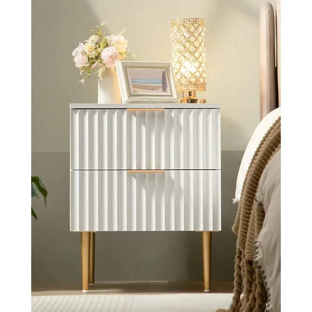 

Night Stand Set 2, Wide Fluted Nightstand with 2 Drawers, Modern Glossy Storage Bedside Table for Bedroom, End Side Table
