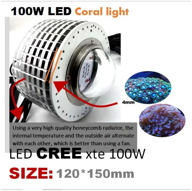 LED Aquarium Lighting Full Spectrum, 100W, CREE Bulb, Marine Coral, SPS, LPS, Reef Tank, Blue, White, Customize Color with EU Pl