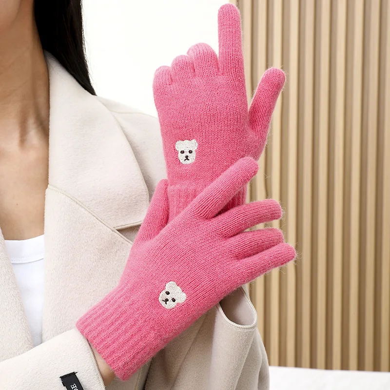 KayCrowne New Cute Bear Full Finger Gloves for Women Elegant Winter Warm Student Writing Acrylic Knitted Show Finger Glove Girls