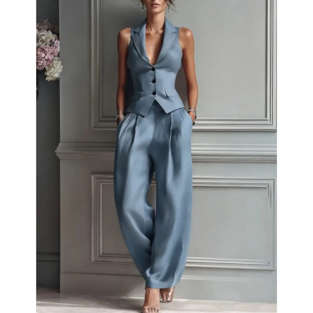 Summer New Fashion Single-breasted Sleeveless Top + Trousers 2-piece Set Women's 2026 Slim Vest Suit Collar Trousers Office Suit - Image 6