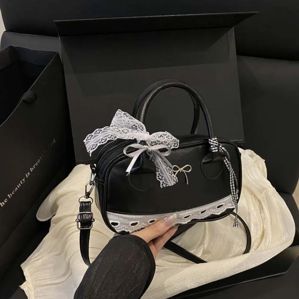 Dumpling Style PU Leather Boston Handbag Lace Ribbon Bow Crossbody Bowling Bag Korean Style Waterproof Small Square Bag Women
