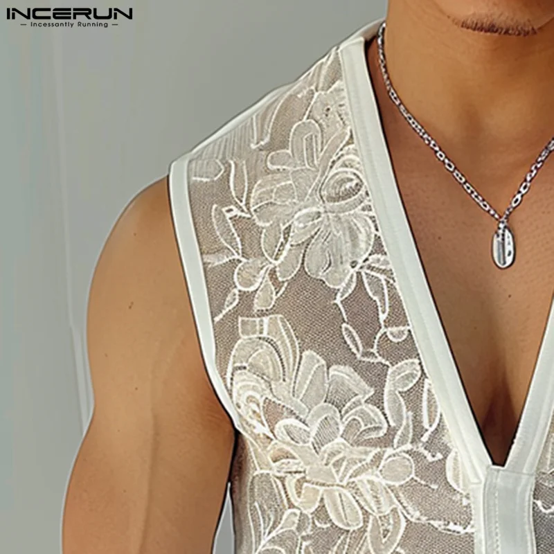 INCERUN Tops 2024 American Style New Men\'s V-neck Lace Print Perspective Vests Sexy Fashion Male Thin sleeveless Tank Tops S-5XL