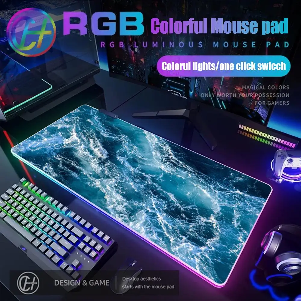 

2026 New HYBXAXC Ocean Wave Mouse Pad RGB Gaming Mouse Pad Desk Mat HD Gamer Large LED Light XXL 900x400x3mm Desk Mat