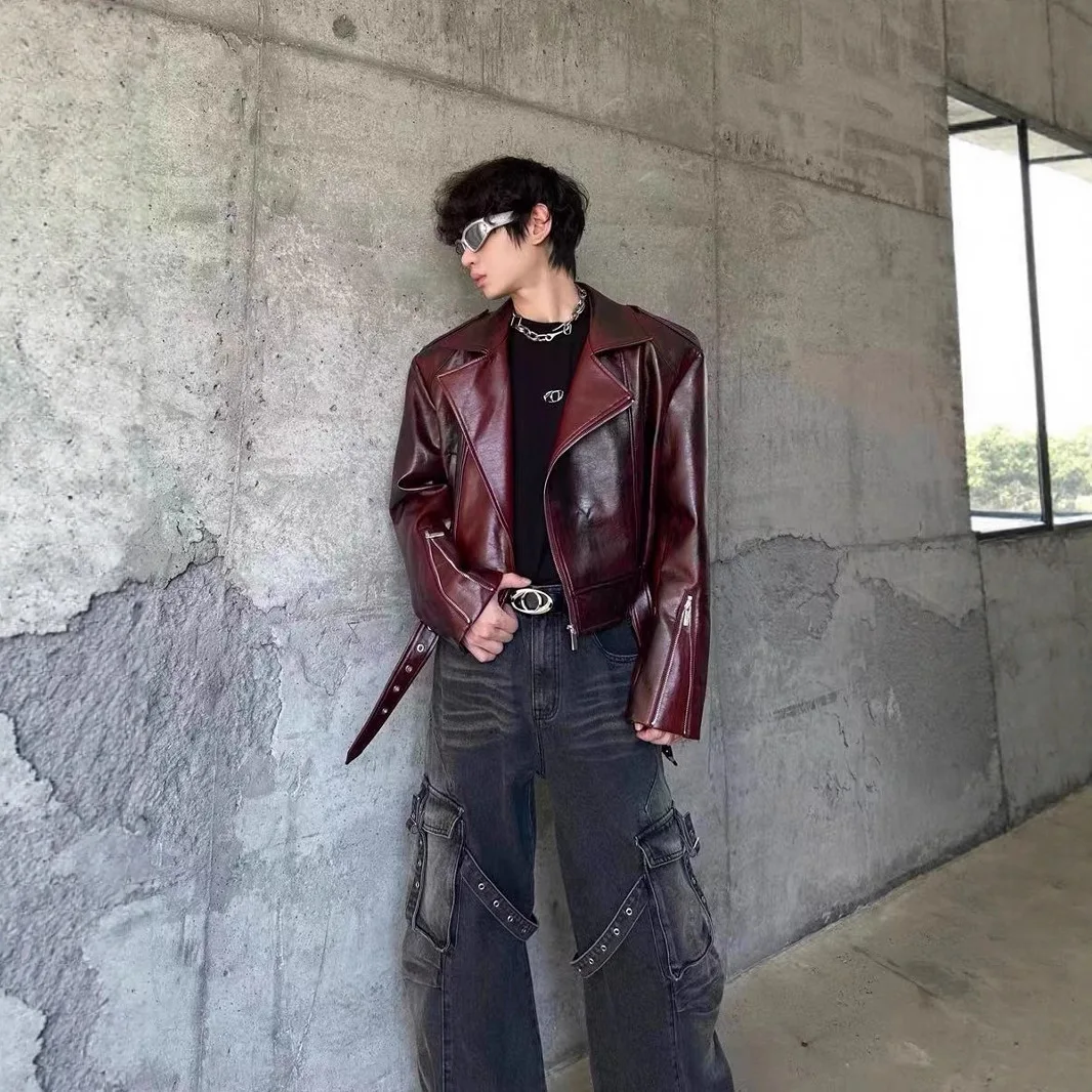 

Ruby Red Men's Faux Leather Biker Jacket, Premium Angora-Inspired Motorcycle Coat, Y2K Streetwear Woman Jackets
