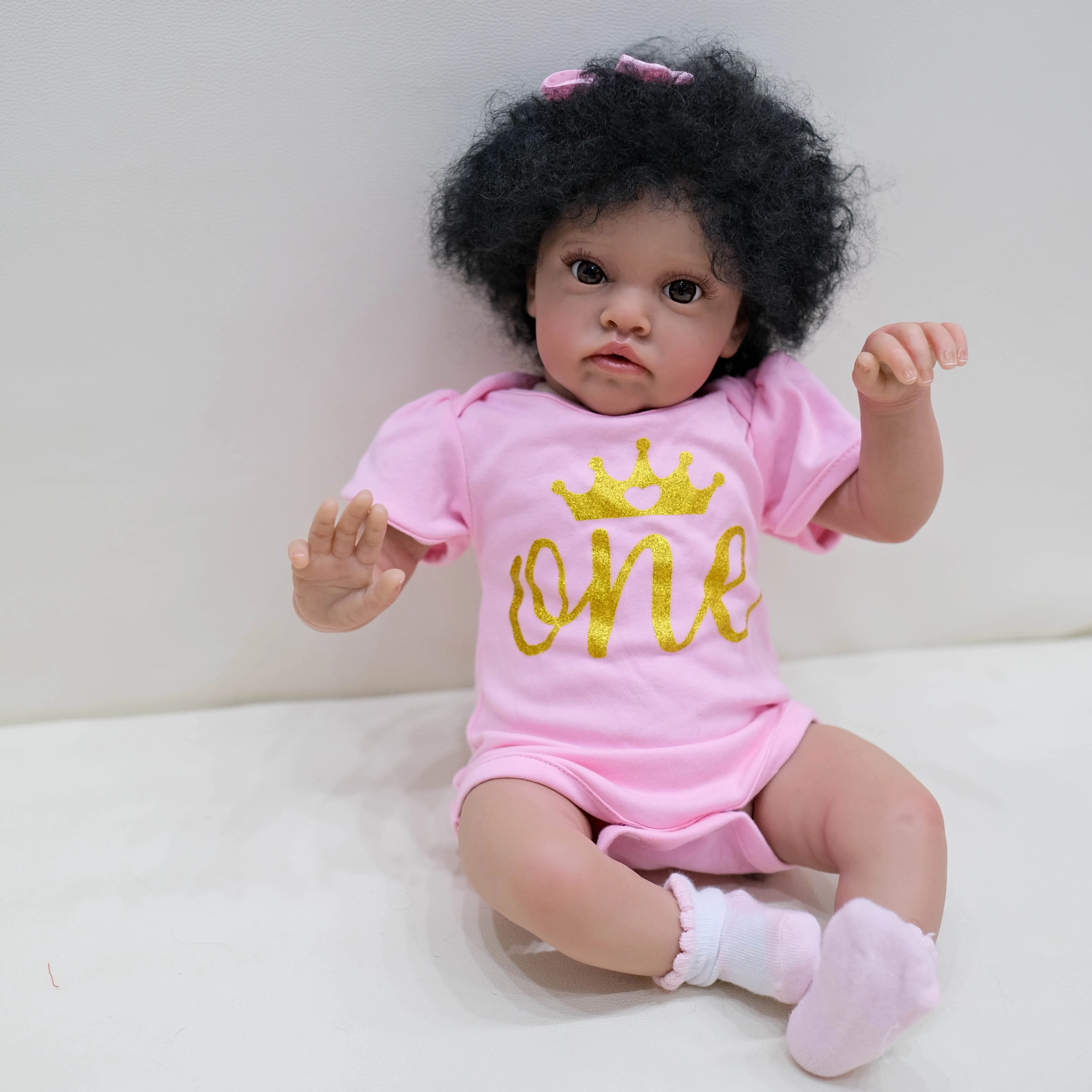 NPK 20inch Chantal  Already Painted Finished Reborn Baby Doll in Dark Brown Skin Awake Baby 3D Painting with Visible Veins