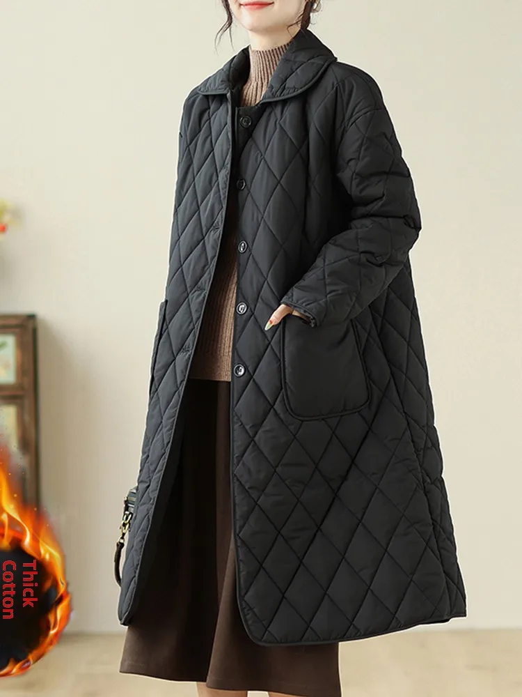 Lightweight Thin down Cotton Jacket Women's Autumn Winter Loose Thick Warm Collar over Knee Cotton Coat Outerwear