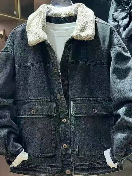 

Thiened Fce Lined Men's Denim Jaet Casual Autumn Winter Warm Cotton Jaet Slim Fit Jeans Sle Long Sve T-irt