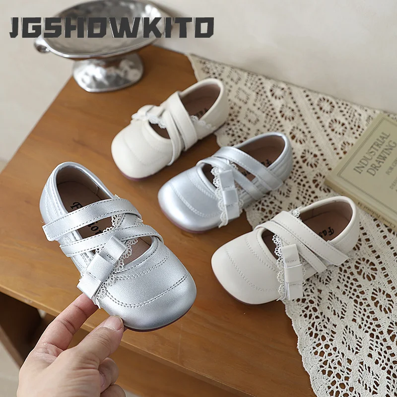 JGSHOWKITO Toddler Girls Mary Jane Shoes Bow Lace Decor Children Leather Shoes Soft Soled Wedding Party Kids Princess Flat Shoes