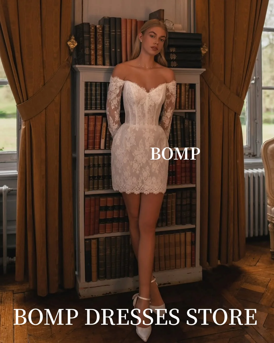 فساتين زفاف BOMP عتيقة قصيرة من الدانتيل على شكل حرف a وأكمام طويلة على شكل قلب بدون أكتاف فساتين العروس رشيقة Mariage مخصصة 2026