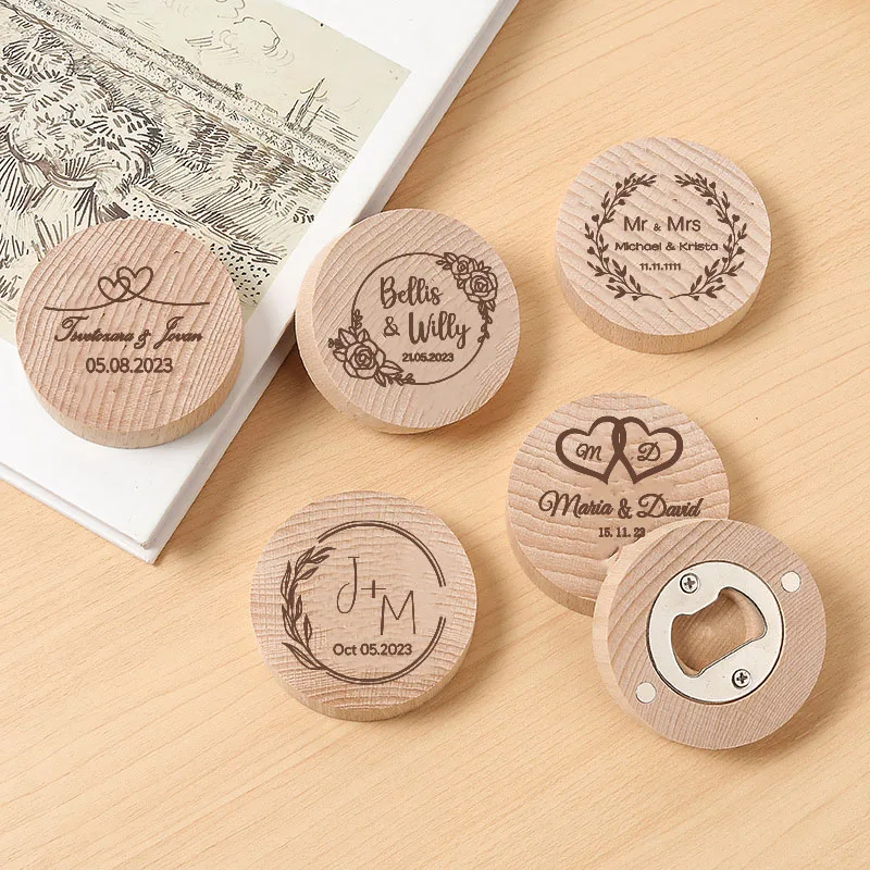 

Personalized Engraved Round Wooden Beer Bottle Opener, Wedding Guest, Baptism Favor, First Communion Souvenirs, Magnet Fridge Op