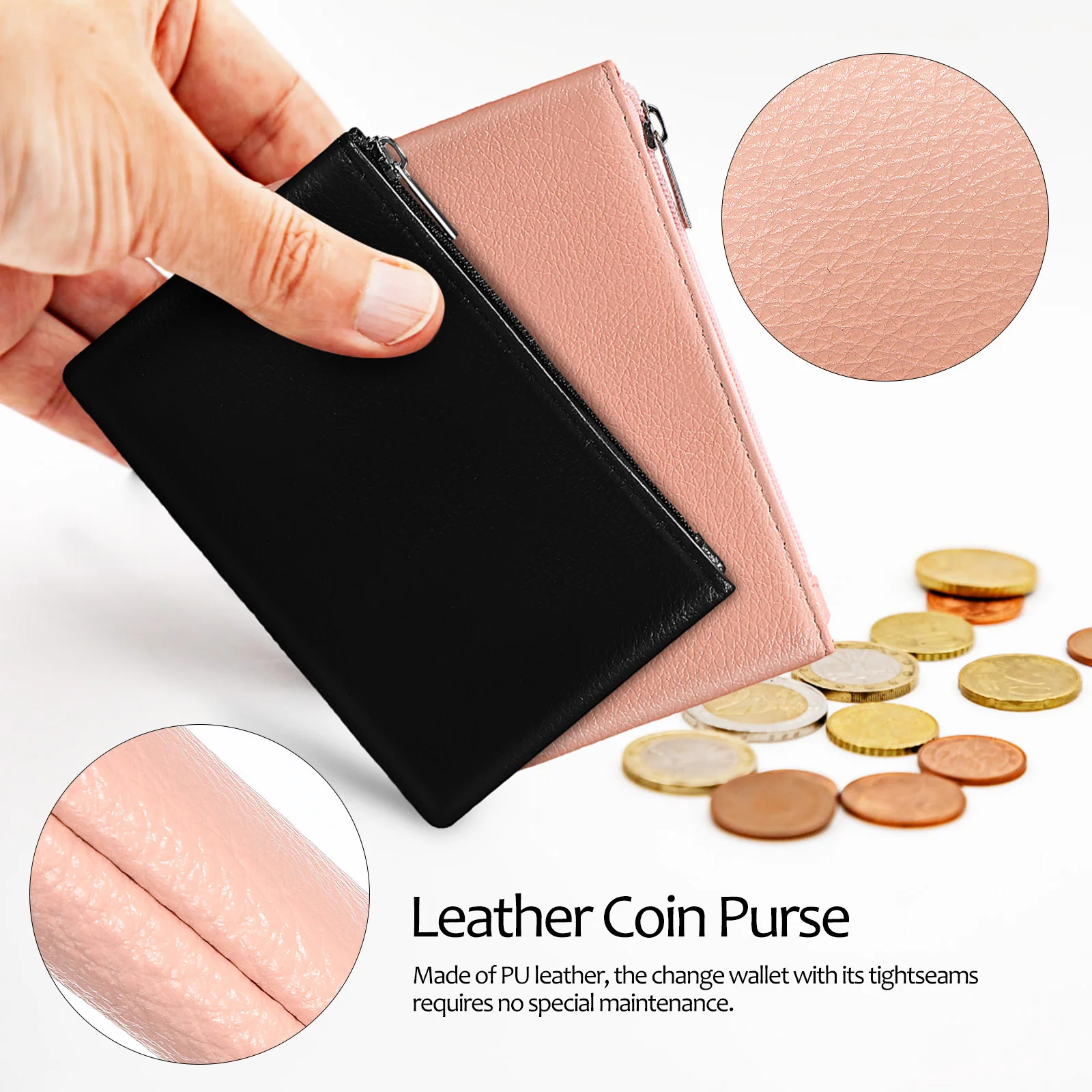 

2Pcs Zipper Coin Purse Small Wallet for Women PU Change Pouch Compact Portable Wallet Clutch