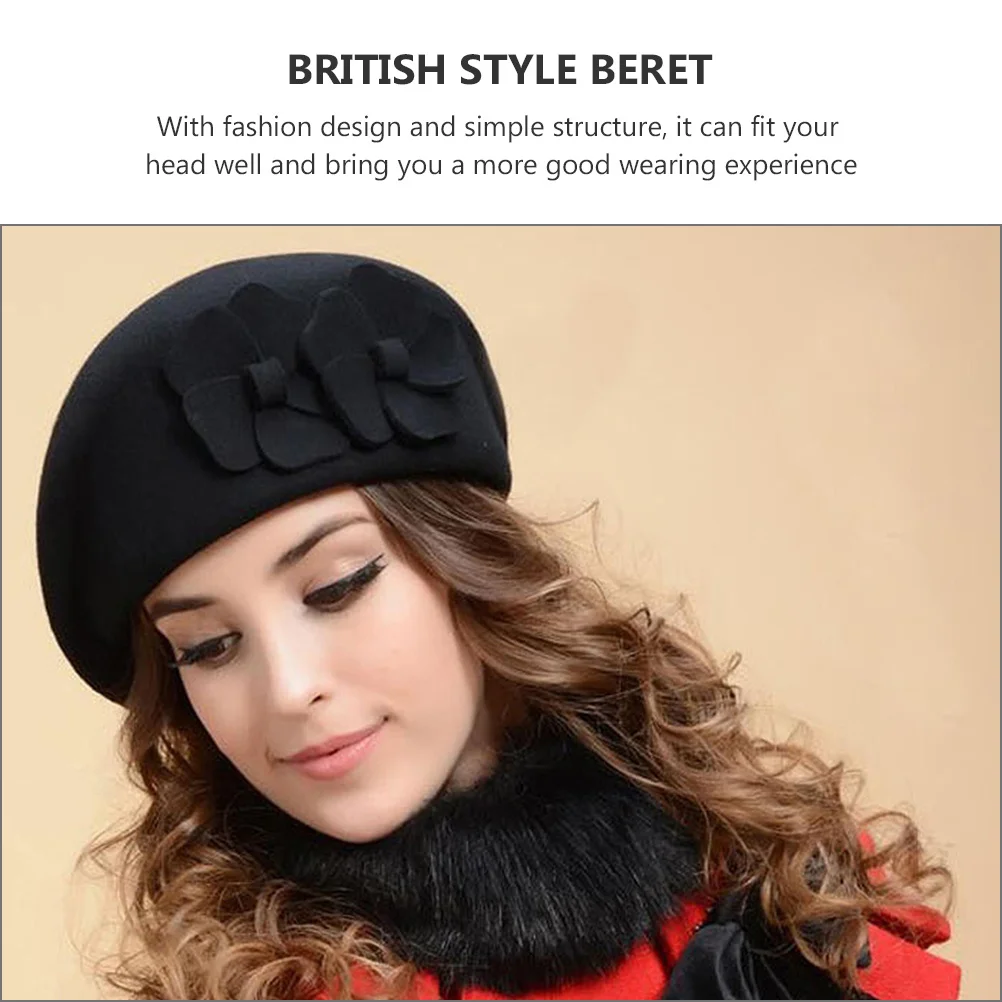 

1Pcs Stylish Woolen Beret Flower Decor Double Flower Design Winter Warm Ladies British Style Fashion Accessory